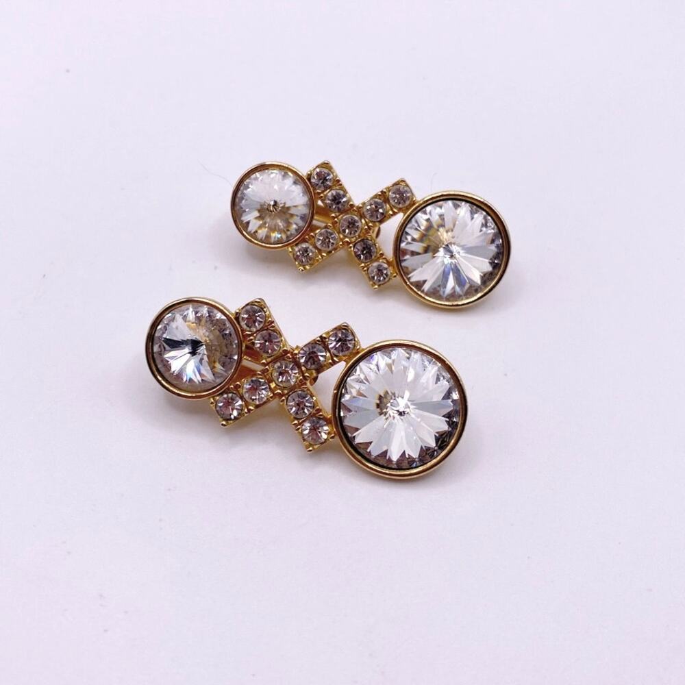 Vintage Clip On Earrings Ravioli White Stones and Rhinestones Gold Tone